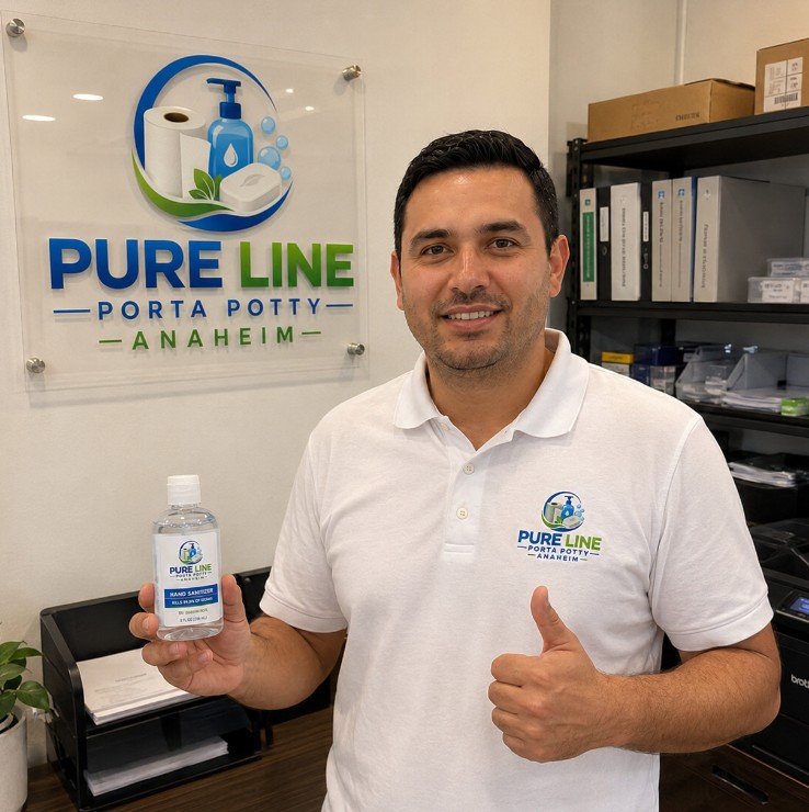 A Pure Line Porta Potty Anaheim team member at the office, ready to book a portable toilet rental